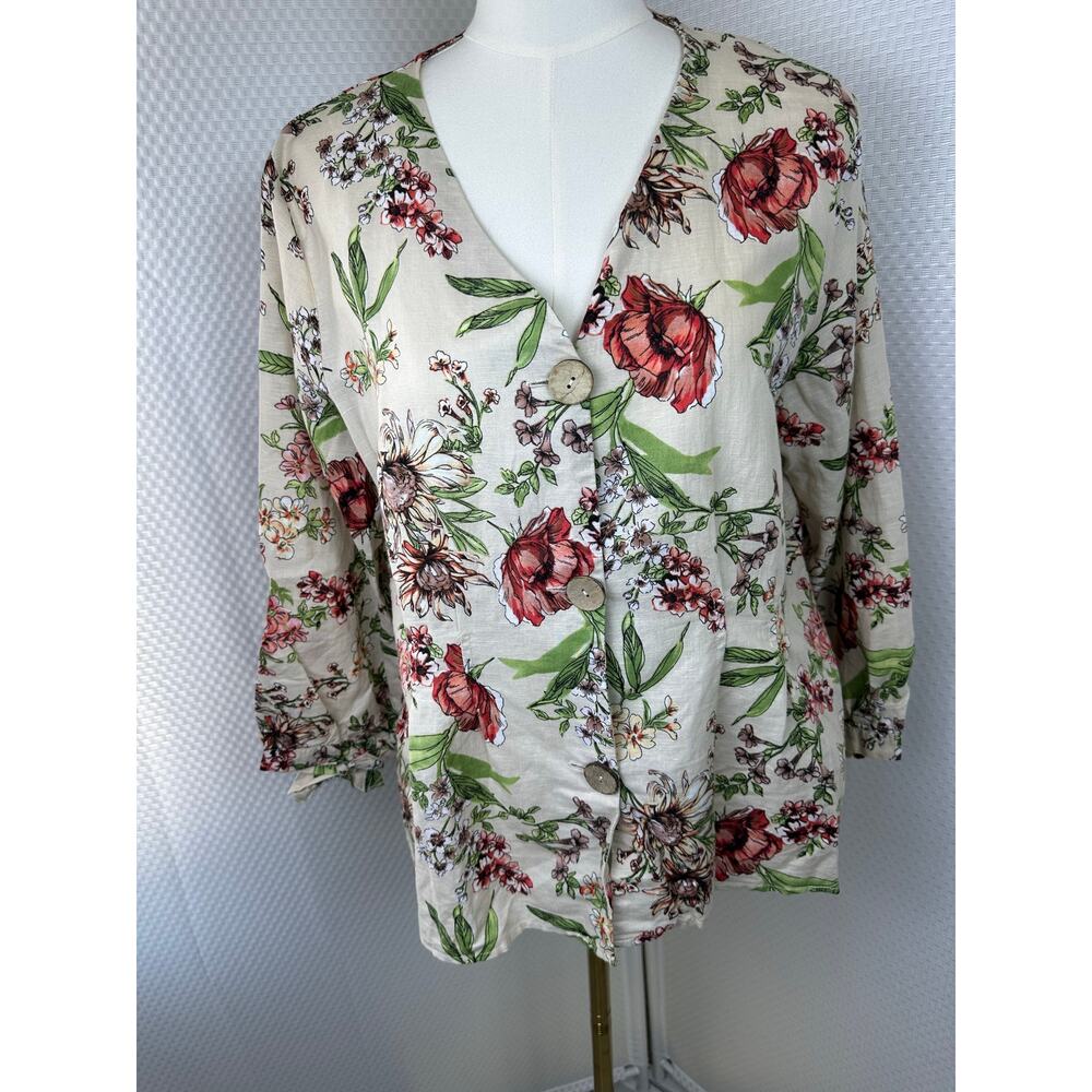 VTG Hester & Orchard Linen Blend Floral Blouse XL Cottagecore Button Front Top - Picture 2 of 14